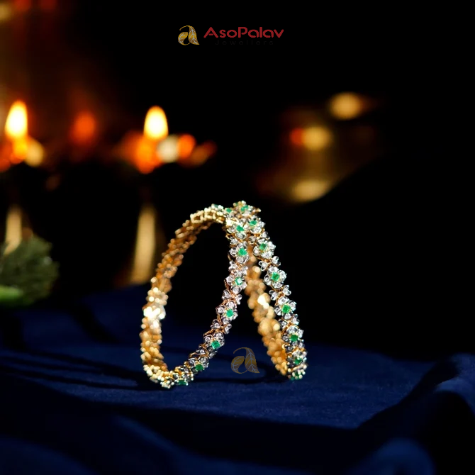 Diamond Bangles with Heart Motif & Green Emerald Stones
